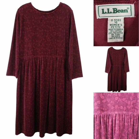 LL Bean Dress Modest Womens Petite Size 16 P Red Floral Velvet LS Country - Picture 1 of 8